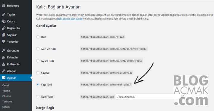 blog kalıcı bağlantı ayarı