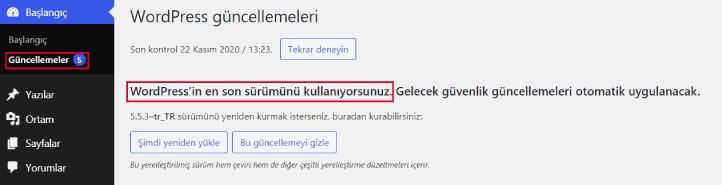 wordpress güncelleme kontrolü