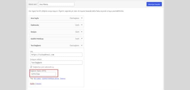 Menü WordPress Nofollow Link Ekleme 2