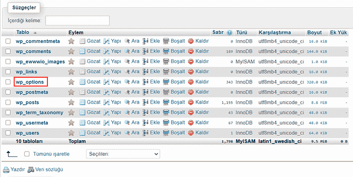 phpMyAdmin Kullanarak WordPress Eklenti Devre Dışı Bırakma