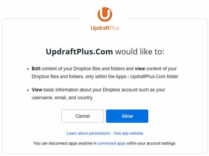 UpdraftPlus WP Yedek Alma Dropbox Izni