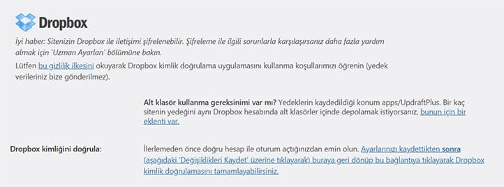 UpdraftPlus WP Yedek Alma Dropbox Sekmesi