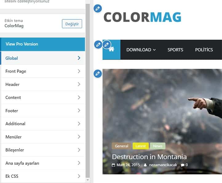 ColorMag Özelleştir Kısmı