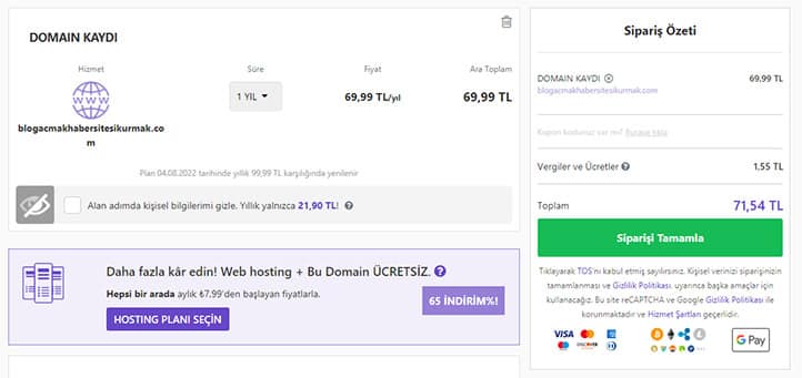 Hostinger Domain Satın Alma Ekranı