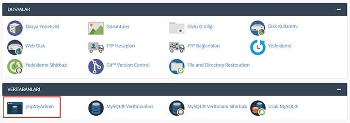 phpMyAdmin Bölümü