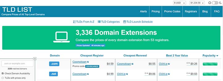 Geniş Filtreleme Seçenekleriyle En Ucuz Domainleri Listeleyen Siteler - TLD List